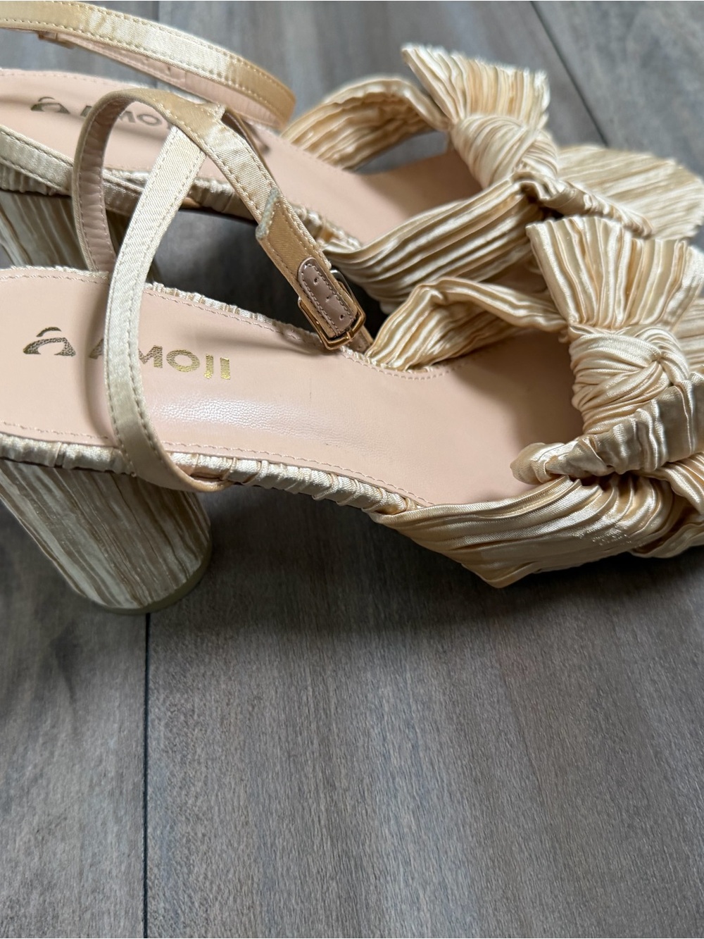 Pleated Bow Block Heel Sandals in Light Champagne